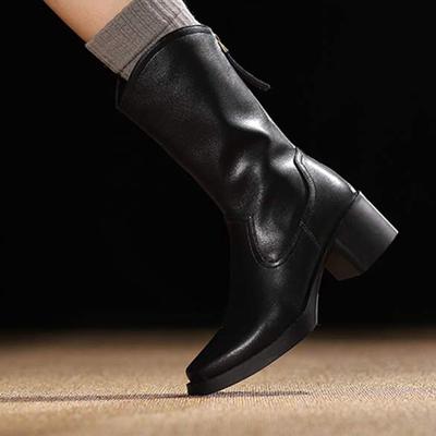 Зимние сапоги из коровьей кожи с круглым носком и средним каблуком, модные женские сапоги на молнии в стиле ретро, элегантные женские сапоги до середины икры