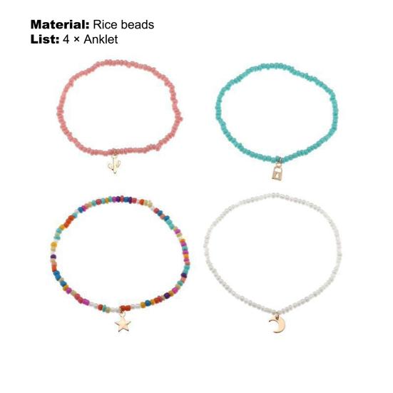 4Pcs Foot Chains Vibrant Color Exquisite Pendant Eye-catching Colorful Women Elastic Beaded Anklet Jewelry
