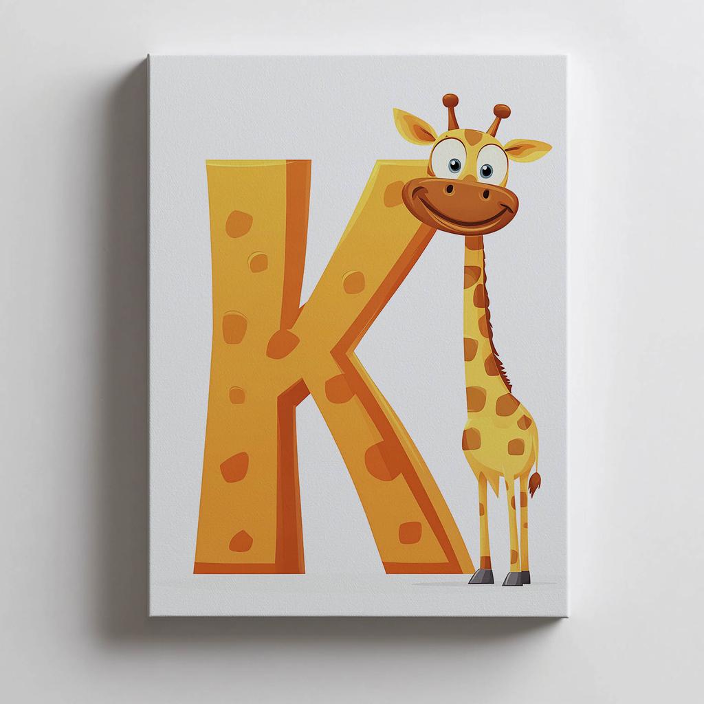 Żyrafa Z Literką K - Radosny Plakat Dla Dzieci Żyrafa Z Literką K - Radosny Plakat Dla Dzieci, 70X100 Cm, Rama Drewniana Ciemny Brąz, Papier Matowy 23
