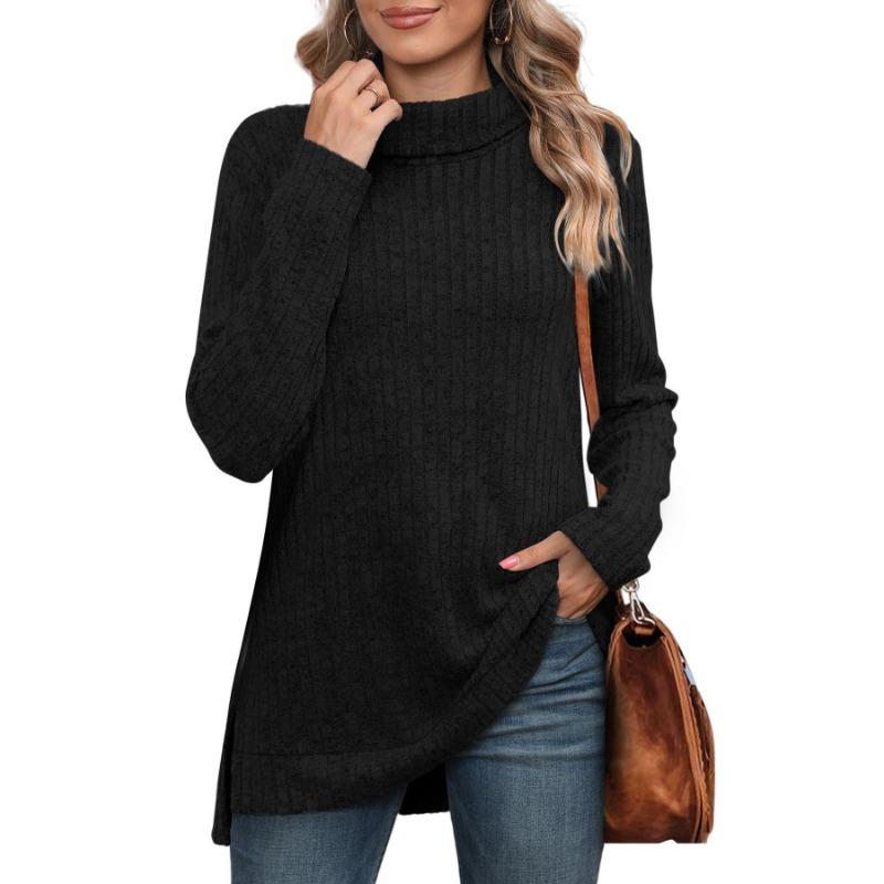 Spring and Autumn Women's Blouse High Neck Bib Side Split Solid Color Long Sleeve Top