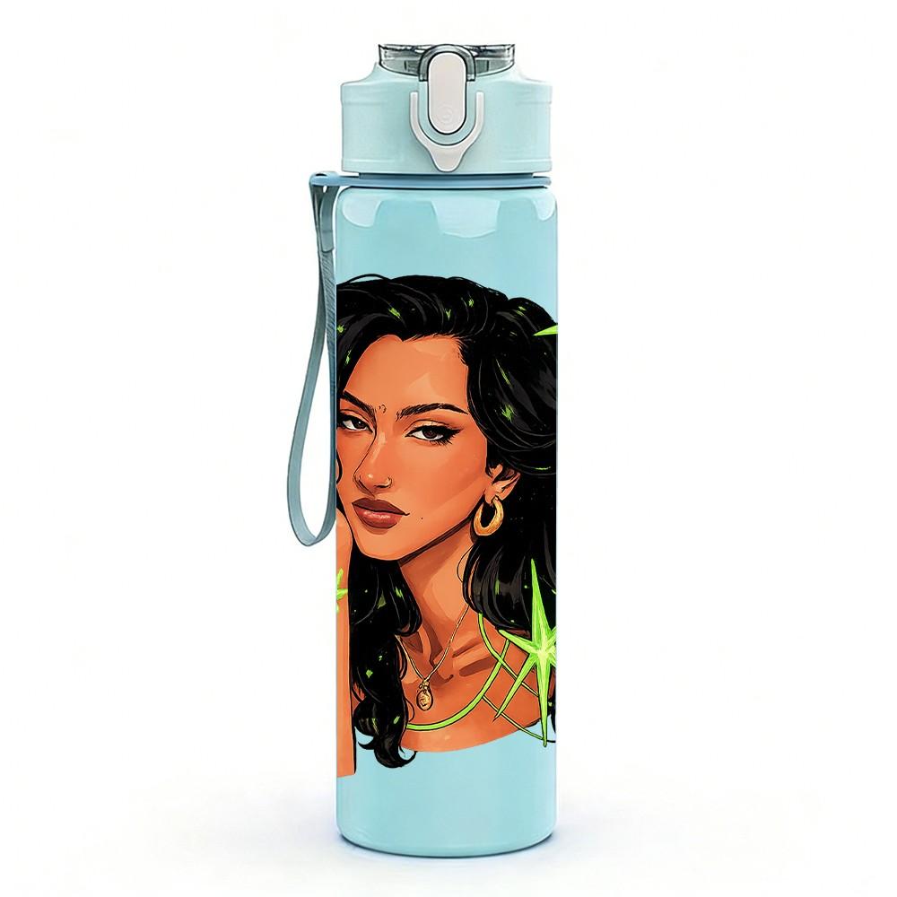 1PC Curly Hair Dark Skin Lady 750ml Color Plastic Sports Water Bottle Leakproof Flip Straw Lid Suitable for Sports Office Home Use