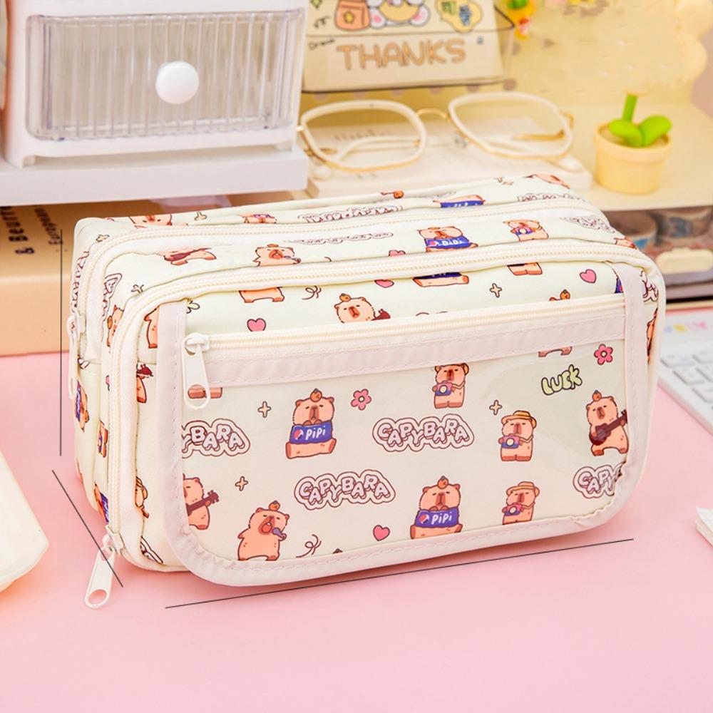 Canvas Cartoon Pencil Cases Large Capacity Stationery Bag Portable Capybara Pen Bag  Students Gift