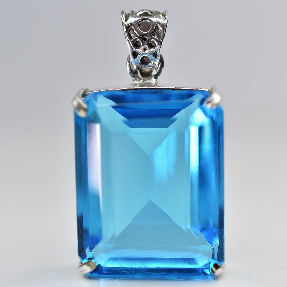 Natural Blue Topaz Pendant 91 ct Emerald Cut 925 Sterling Silver Gemstone Jewelry Gift