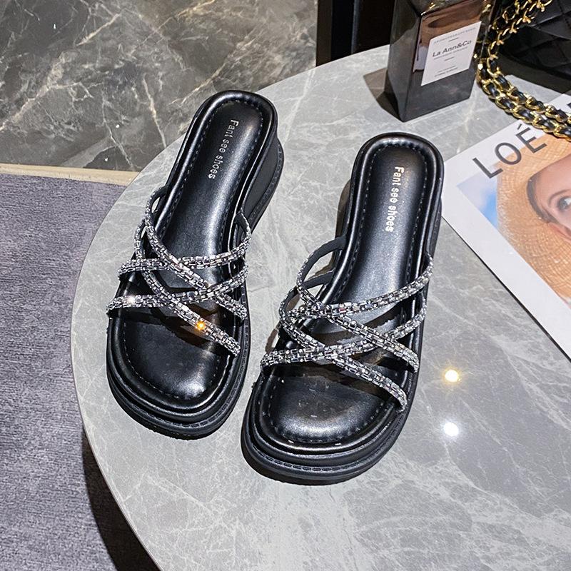 Thick Sole Rhinestone Slippers Women's Wedge Sandals Outdoor 2024 Summer Shoes Fashion Platform High Heel Female Slides