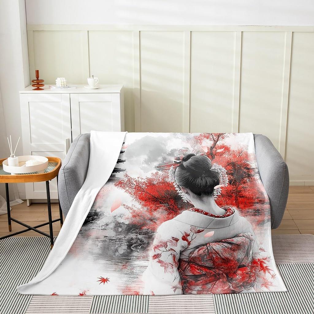 Feelyou Koi Fish Fleece Throw Blanket x Japanese Wave Cherry Blossoms Ocean Plaid Flannel Plush Fuzzy for Bed Couch Chair Living