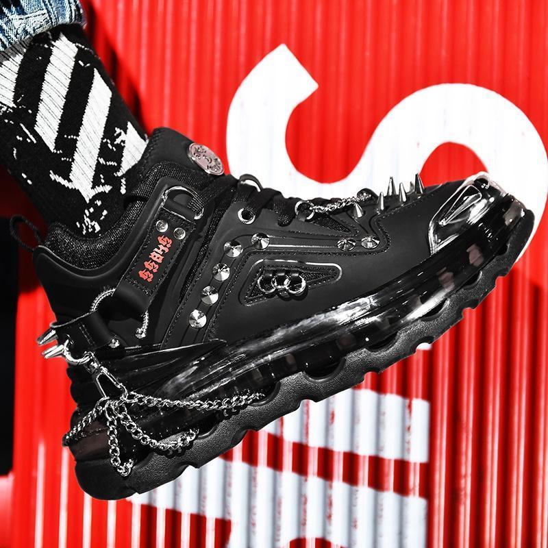 Модные мужские кроссовки в стиле панк на воздушной подушке. Мужская обувь на плоской платформе. Металлические украшения на шнуровке. Прохладные повседневные спортивные кроссовки с толстой подошвой.