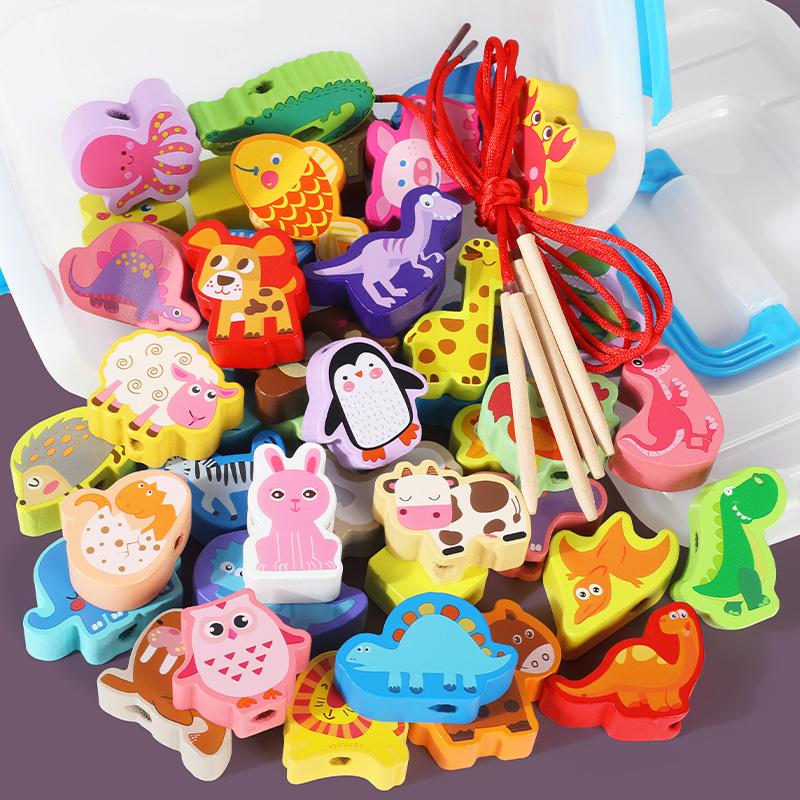 42 шт. Деревянные игрушки с бусинами, Детские мультяшные фрукты, животные, Нанизывание деревянных бусин, Сделай сам, Игрушки Монтессори, Детские развивающие игры