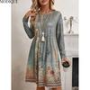 MODIQUE 2025 Summer New Women's Casual Retro Floral Print Gradient Color Short Dress Ladies Loose A-Line Long Sleeve O-Neck Dress