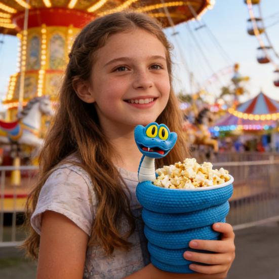 Blue Snake Popcorn Bucket Large Capacity Portable 3D Printed Reusable Popcorn Snack Bowl Container Cartoon
