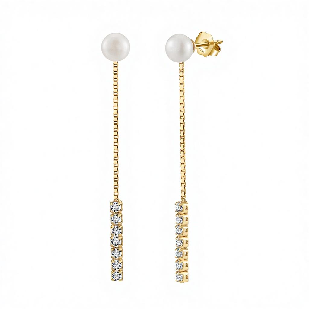 For GPE112 Trendy Women's Freshwater Pearl Drop Earrings with Tassel Chain 14K Gold Plated 925 Sterling Silver
