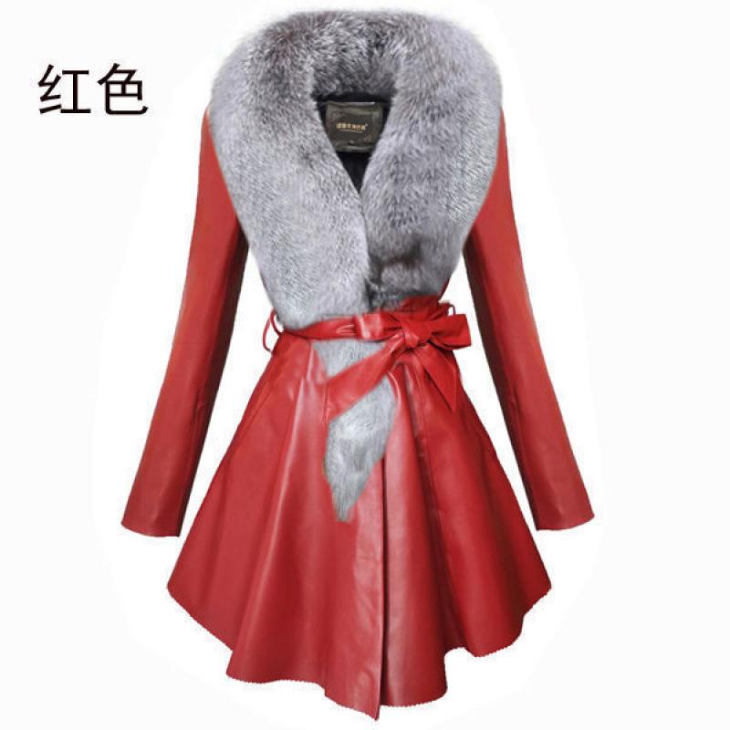 Leather Jacket Women's Clothing Long Cotton Jacket Slim and Thin Leather Imitation Fox Fur Collar Autumn and Winter