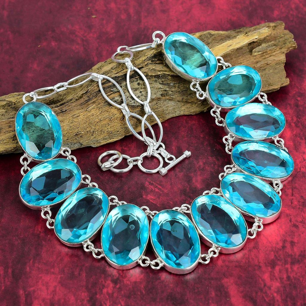 Swiss Blue Topaz 925 Solid Sterling Silver Jewelry Set, Gemstone Necklace & Bracelet Jewelry Set For Her, Anniversary Gift Handmade Jewelry Set