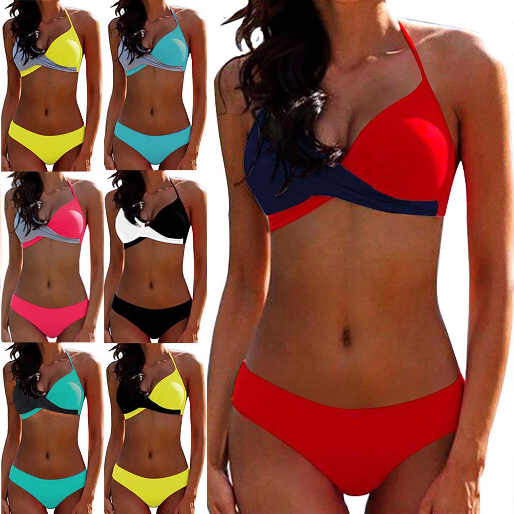 Women Sexy Narrow Necked Push Ups Split Swimsuit Summer V-neck Color Block Splicing Bikini Beach Suit