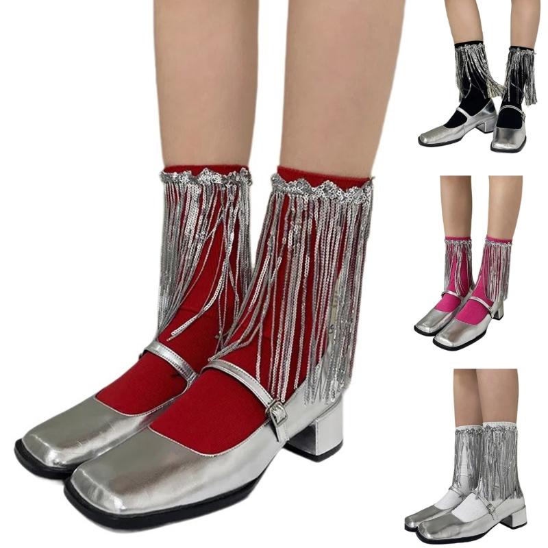 Womens Harajuku Sequins Tassels Decorative Trim Calf Sock 90s Solid Rib Middle Tube Sock Nightclub Party Stockings
