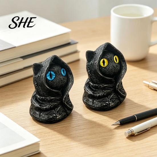Waterproof Resin Craft Mysterious Hooded Black Cat Figurine, Gothic Wizard Statue with Big Eyes, Animal Ornament Mini Desktop Shelf Ornament,