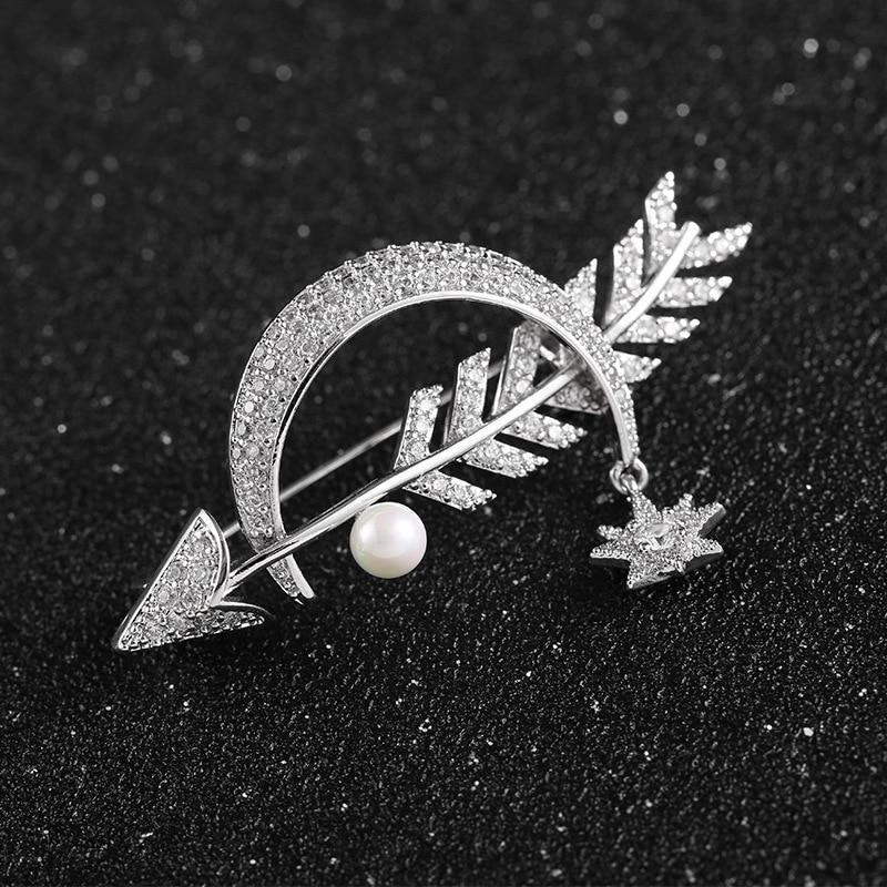 Blucome Luxury Copper Moon Arrow Shape Brooches Corsage Silver Color Star Simulated Wedding Bridal Brooch Collar Clip