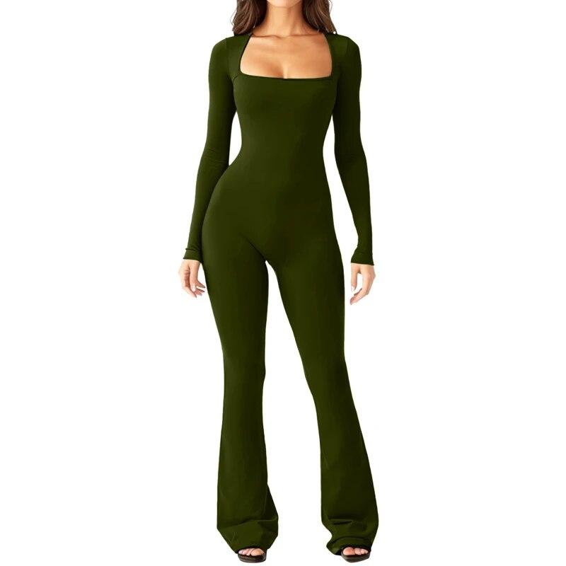 2024 Long Sleeve Square Collar Skinny Wide Leg Women Jumpsuits High Elastic Fashion Bodysuit Casual Solid Color Clothes 30648