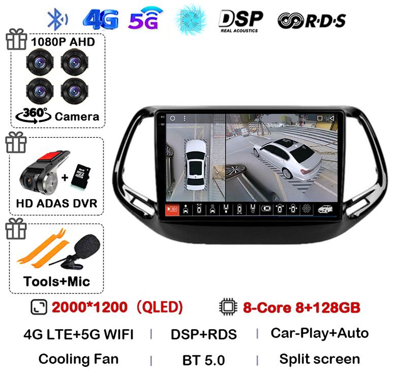 Android 14 Автомагнитола Carplay Auto для Jeep Compass 2017 2018 2019 GPS Навигация Стерео Мультимедийный Видеоплеер Камера 360 WIFI