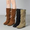 Модные женские ботинки до середины икры с внутренней платформой, женская обувь высокого качества, новые, с круглым носком, однотонные, в английском стиле, модные, повседневные, с пряжкой, плиссированные