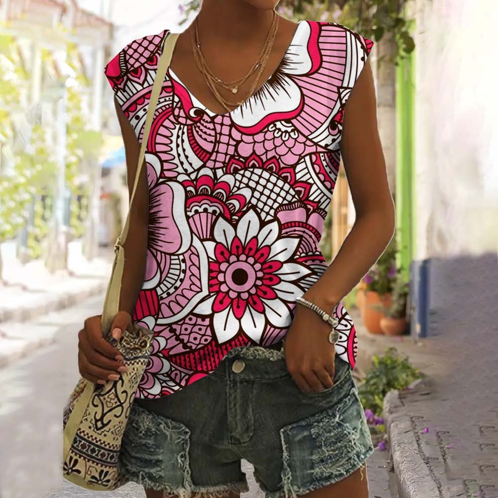 Летние винтажные цветочные 3D-принты для женщин, уличные майки, свободный жилет с V-образным вырезом, без рукавов, с открытыми плечами, женская майка