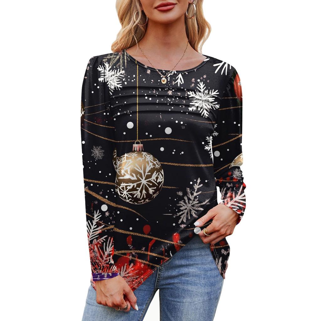 Женская модная повседневная рождественская футболка с круглым вырезом и длинными рукавами