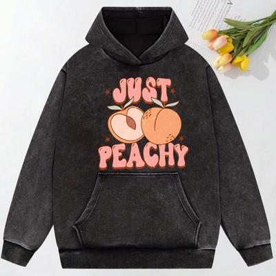 Просто Персик Иллюстрация Принт Женские Выстиранные Пуловеры Уличной Одежды Хлопковые Спортивные Костюмы Повседневное Худи с Карманом