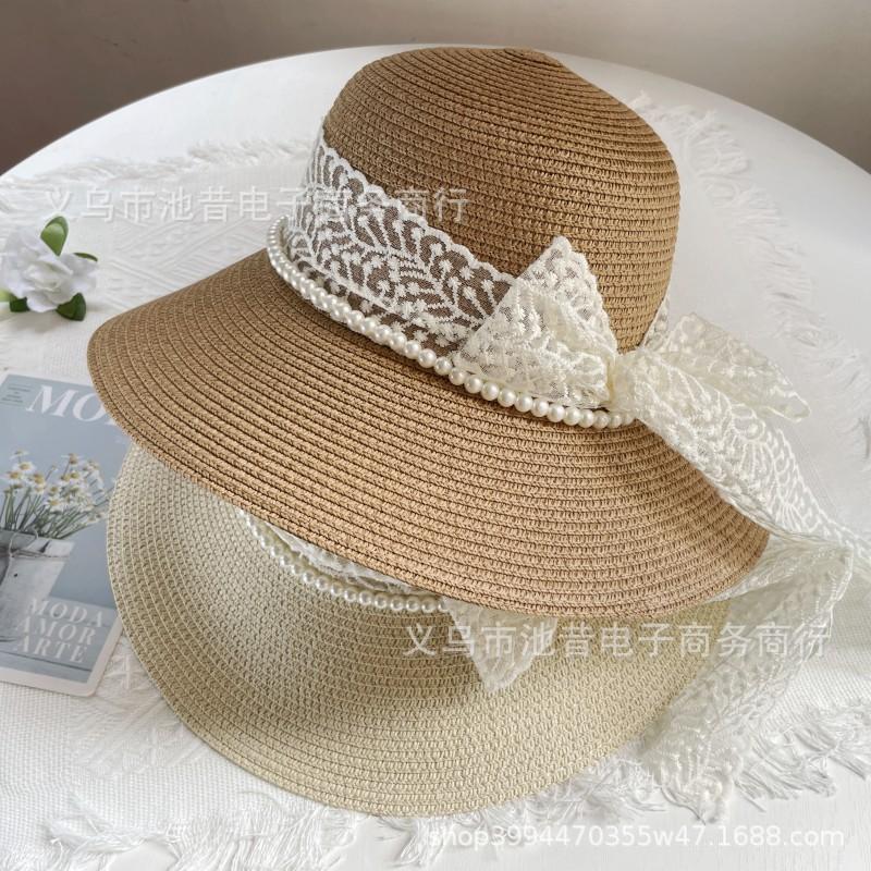 Summer idyllic Internet celebrity fashion small fresh bow strap pearl white travel sunscreen outdoor sun hat