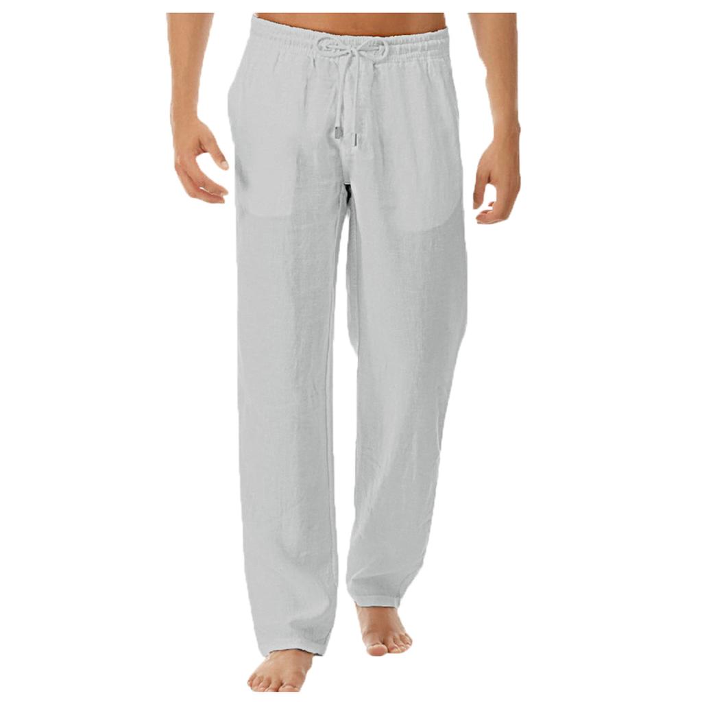 Мужские повседневные свободные и удобные повседневные брюки из хлопка и льна, однотонные брюки на шнурке