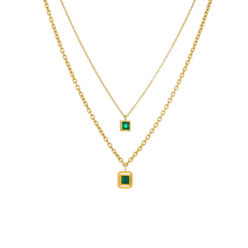 Vintage Fashion Cubic Zirconia Block Chain Pendant Titanium Steel Gold Necklace