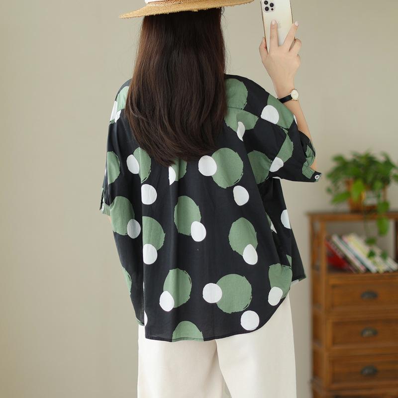 Женская летняя свободная рубашка с принтом в горошек в литературном стиле большого размера, замедляющая старение