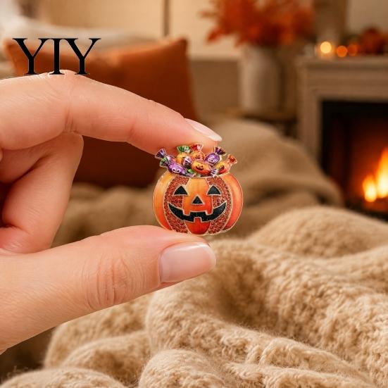 Sparkling Rhinestone Pin Halloween Pumpkin Candy Bowl Brooch, Clothing Accessory Holder Lapel Pin, Costume Jewelry Accessories