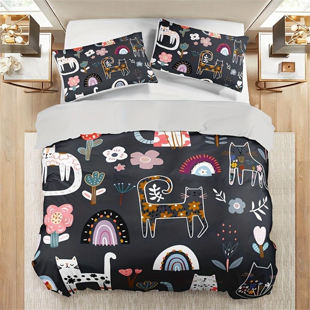 Комплект постельного белья с принтом кошек и цветов - Включает 1 пододеяльник и 2 наволочки, дышащий полиэстер, машинная стирка - Идеально