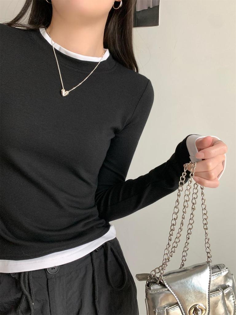 Женская футболка с длинным рукавом облегающего кроя, с эффектом двух предметов - Новинка ранней осени 2024 года, Универсальный пуловер с круглым вырезом.