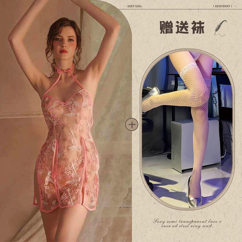Sex underwear sexy embroidery transparent cheongsam suit uniform temptation role play European and American models