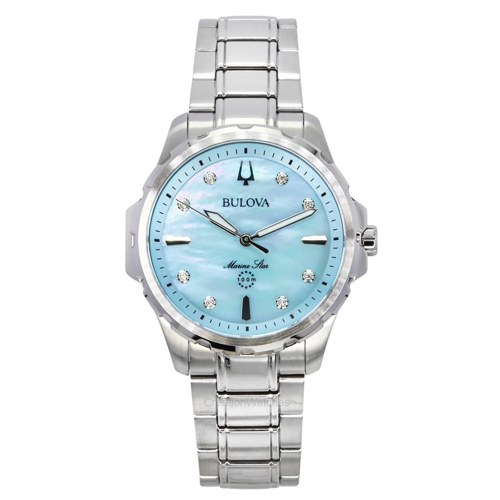 BULOVA Часы женские Marine Star Diamond Accents из нержавеющей стали с голубым перламутровым циферблатом, кварцевые 96P248 100