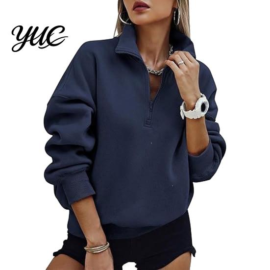 Breathable Lightweight Pullover Women Oversized Sweatshirt, Stand Collar Zipper Half Placket Tops, Cozy Loungewear Tops Long Sleeve for Casual