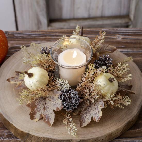 Искусственный венок на День благодарения, свечное кольцо, кленовый лист, тыква, шишка, подсвечник, гирлянда, украшение для стола на праздник урожая