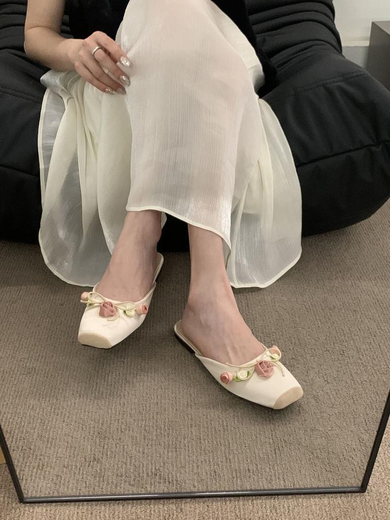 Half Slippers 2024 New Flat-bottomed Bag Head Slippers Fairy Style Single Shoes Wearing Sandals Pink Muller Women's Shoes