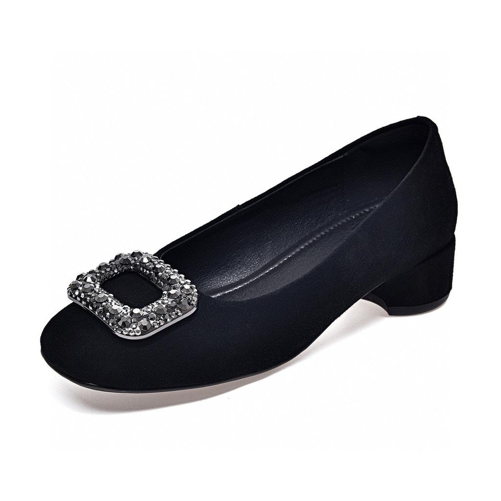 Round Head Shallow Mouth Single Shoes Women's Spring New Rhinestone Square Buckle Black Sheepskin Low Heel Women's Shoes