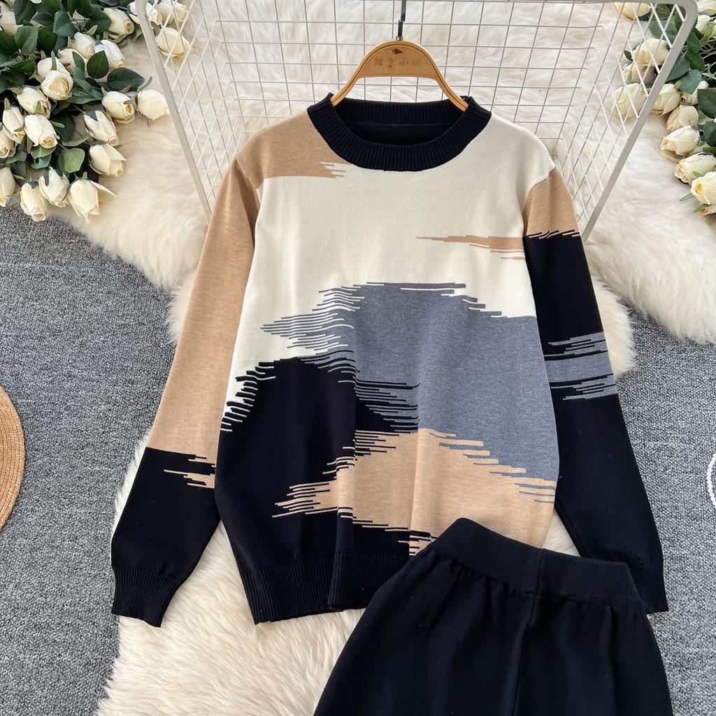 Spring Autumn Oil Painting Print Knitted Sweater Trouser Two Piece Set Women Pullover Tops and Wide Leg Pants Tracksuit