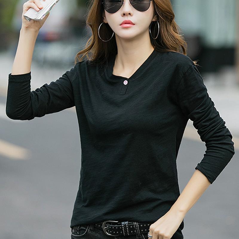 2024 Весна Новая мода Повседневный корейский стиль Свободный тонкий длинный рукав футболка женская бамбуковый хлопок простая нижняя рубашка
