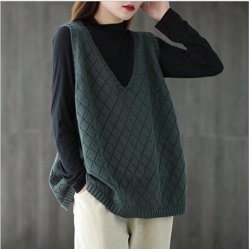 Women's Loose Knitted Vest Retro V-neck Plus Size Hollowed Out Vest Sweater for Women