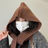 Двусторонний плащ-шаль с капюшоном на осень и зиму, шляпа-шарф, цельный женский комплект из двух предметов, однотонный теплый шарф, шерстяная вязаная шапка