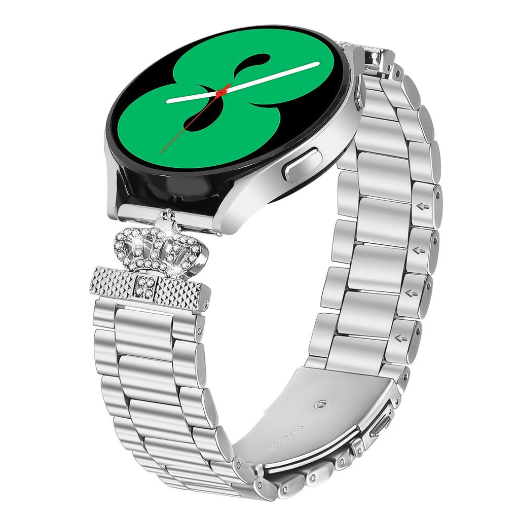 For Samsung Galaxy Watch4 44mm/40mm Stainless Steel Strap Crown Shape Rhinestone Decor Silver Watch Band