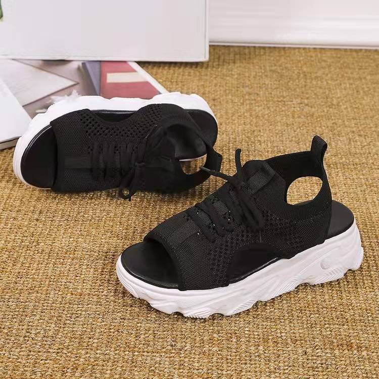 Женские вязаные спортивные сандалии с открытым носком, шнуровка и вырез, удобные сандалии на платформе с открытой пяткой