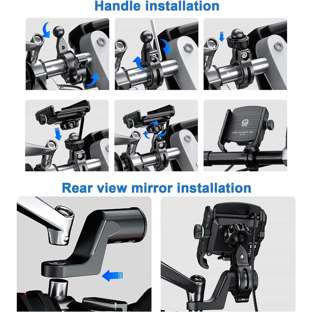 Держатель для телефона на мотоцикл, зарядное устройство, разъем USB/QC 3.0 с выключателем, водонепроницаемый на 360°, зарядное устройство USB, алюминиевый руль/зеркало для просмотра телефонов с диагональю 3,5–6 дюймов