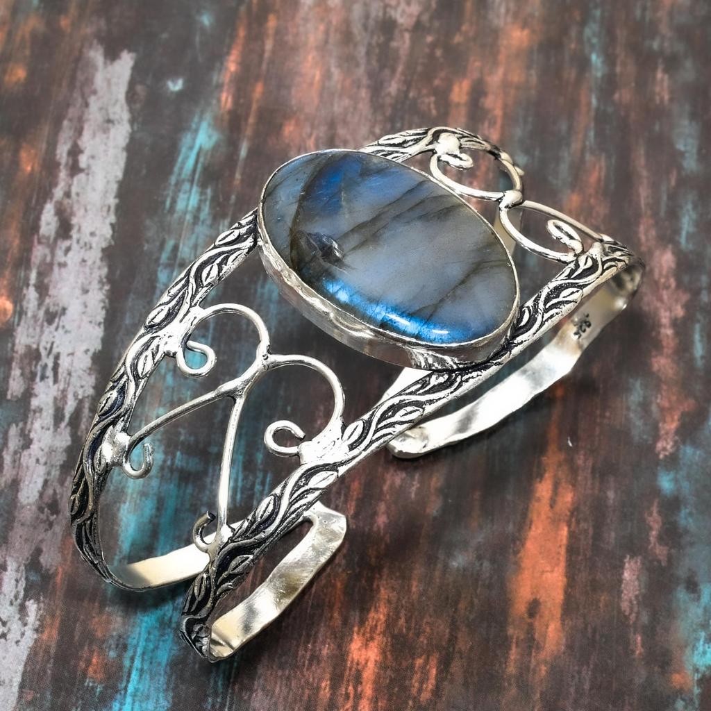 Лабрадорит драгоценный камень ручной работы из стерлингового серебра 925 пробы регулируемый ювелирный браслет для нее