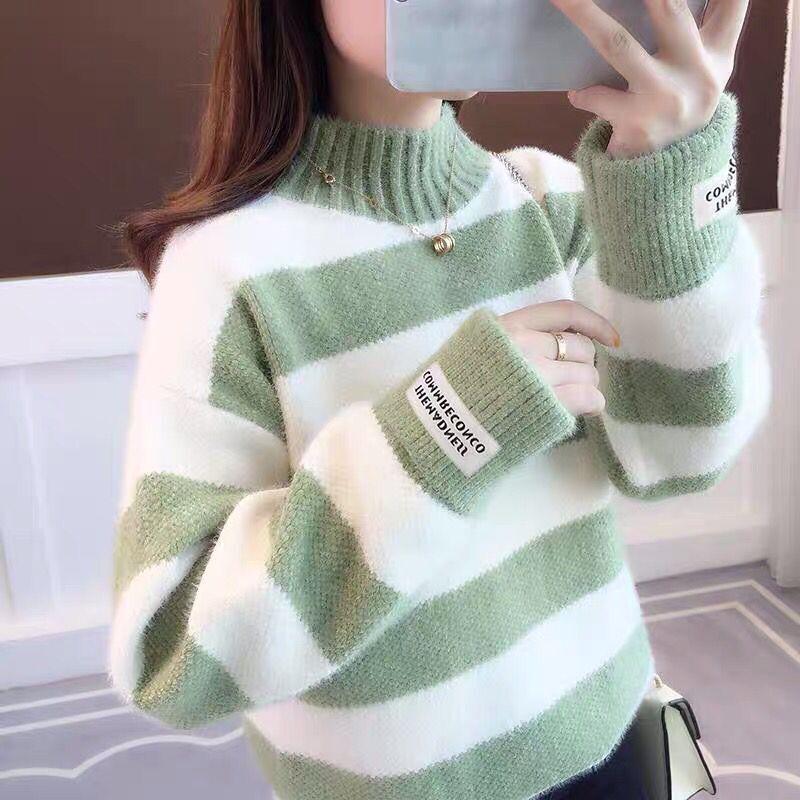 2023 Winter Thick Mink Fleece Stripe Sweater Women 4 Color Pullover Short Jumper Ladies Long Sleeve Half High Collar Tops Female