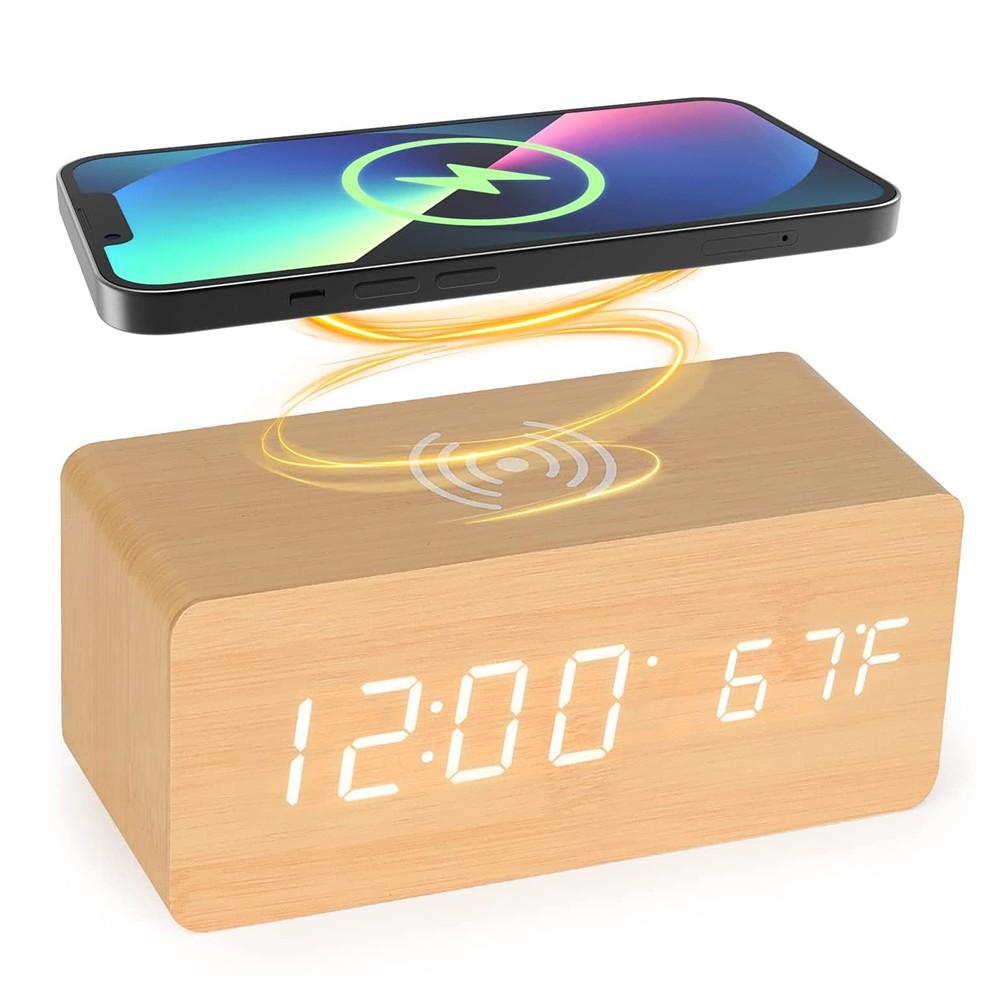 Светодиодный цифровой электронный будильник с беспроводной зарядкой цифровые деревянные часы