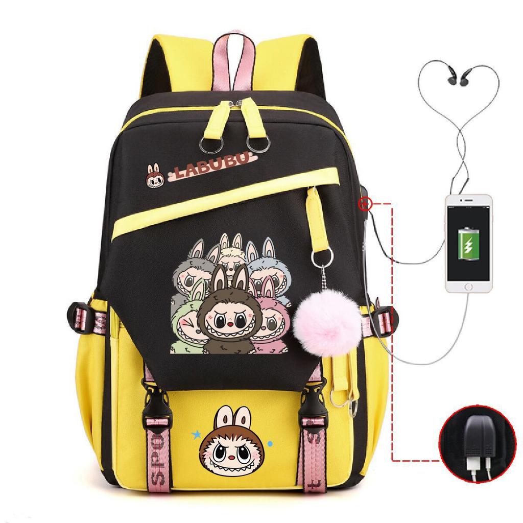 Студенческий школьный рюкзак с принтом Лабубу, многофункциональный, большой вместимости, с USB-портом